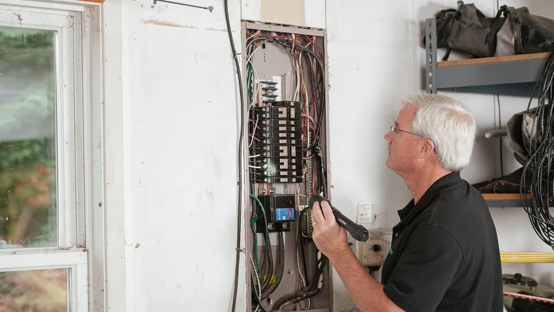 Électricien intervenant sur un tableau électrique résidentiel